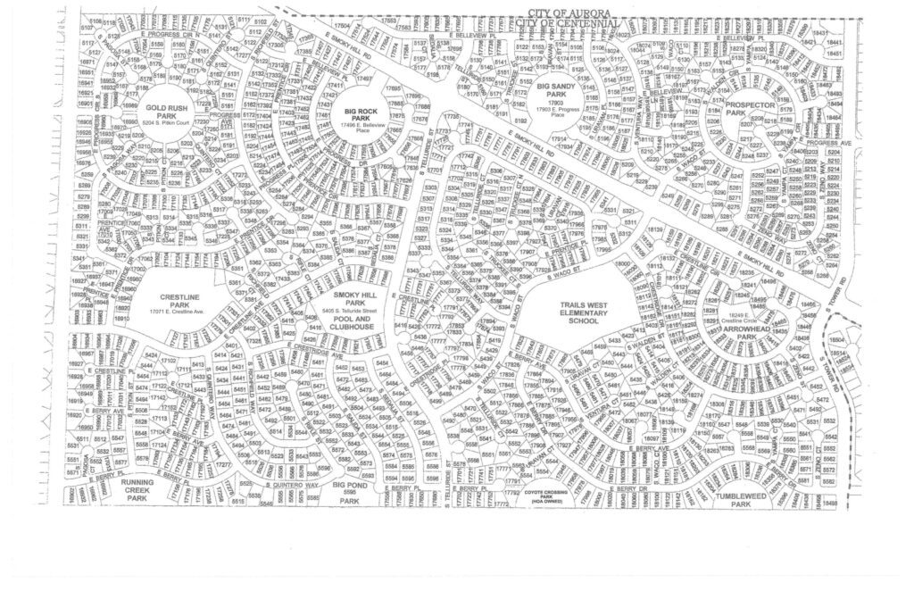 Map of Smoky Hill Metropolitan District boundaries showing streets, parks, and addresses within the district.